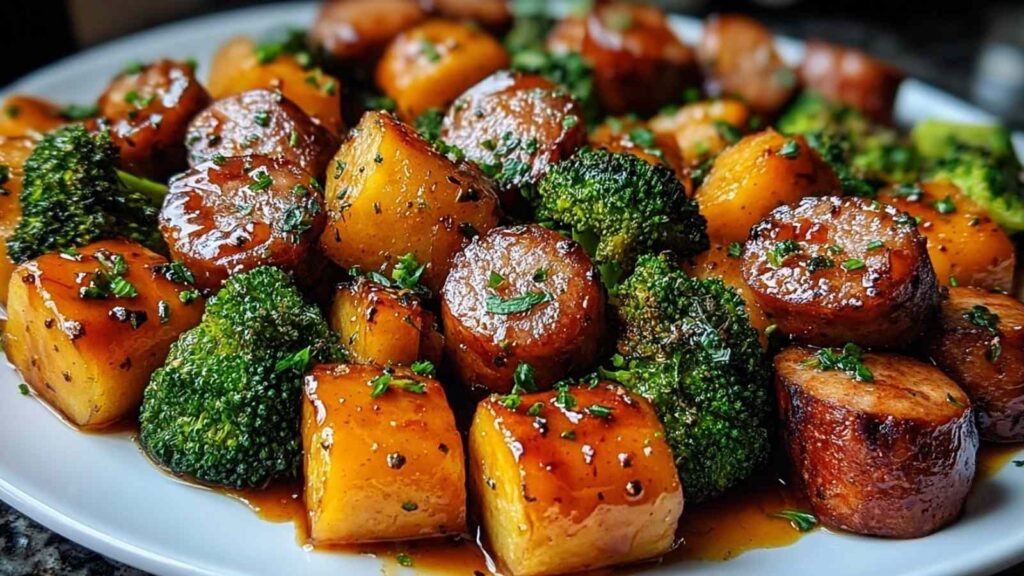 Honey garlic sheet pan sausage with roasted bell peppers, red onion, and zucchini on a parchment-lined baking sheet