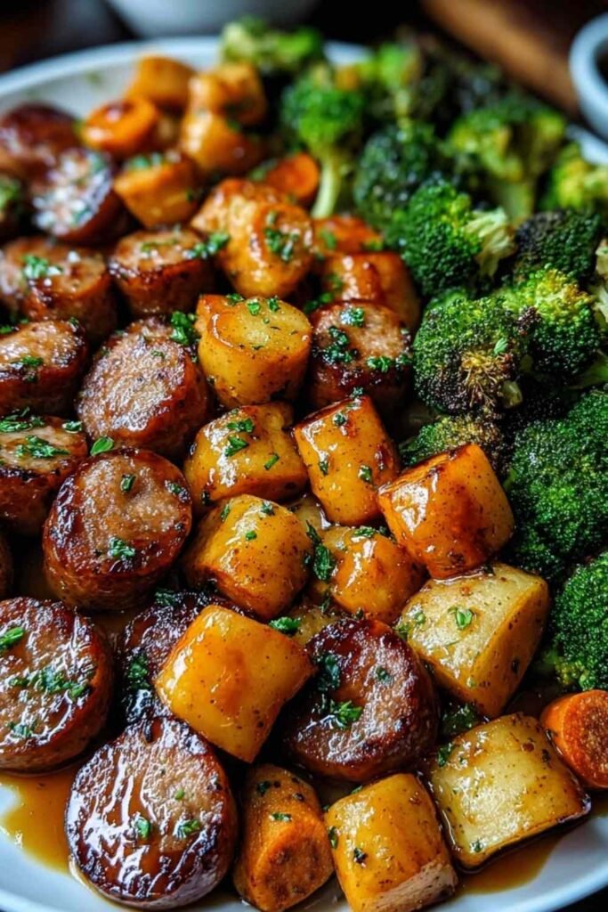 Honey garlic sheet pan sausage with roasted bell peppers, red onion, and zucchini on a parchment-lined baking sheet