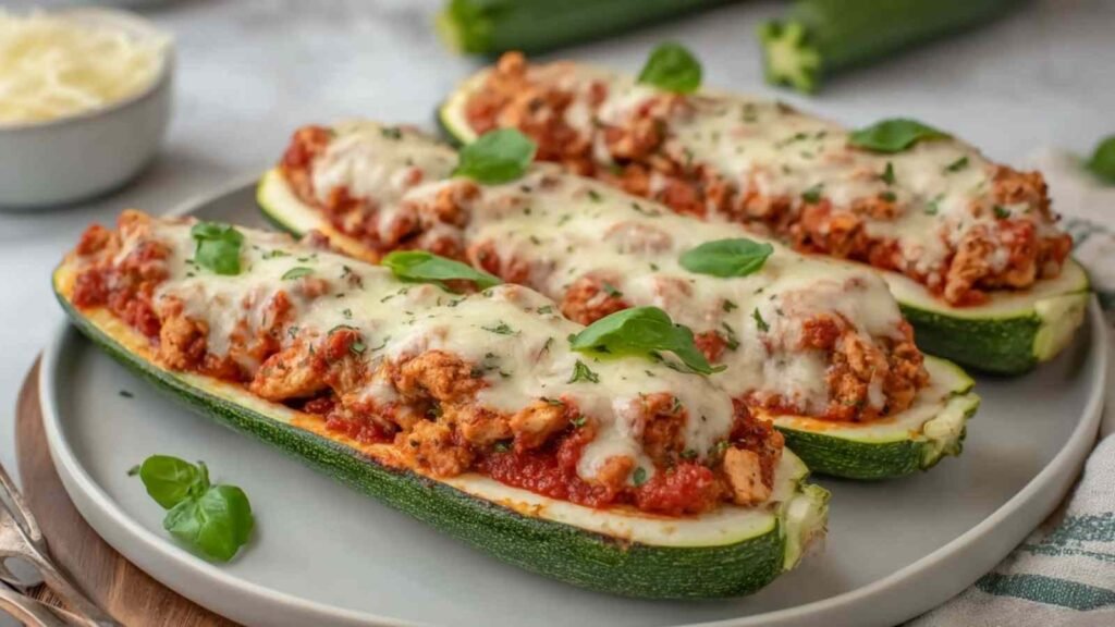 Keto Chicken Parmesan Zucchini Boats topped with melted mozzarella and fresh basil on a baking sheet