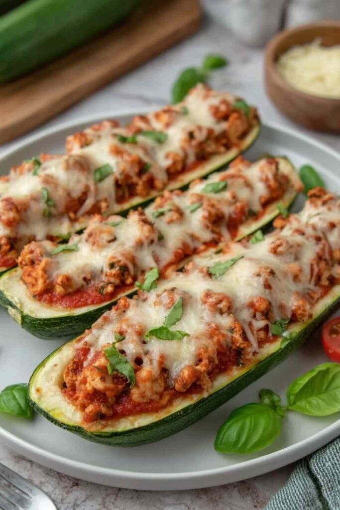 Keto Chicken Parmesan Zucchini Boats topped with melted mozzarella and fresh basil on a baking sheet