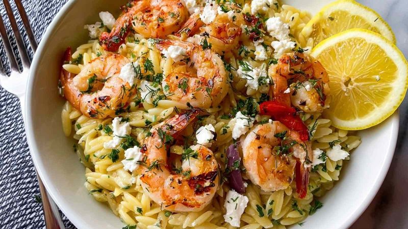 Lemon Feta Orzo with Shrimp