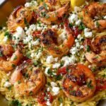 Close-up of Lemon Feta Orzo with Shrimp in a white bowl garnished with fresh parsley and a lemon wedge