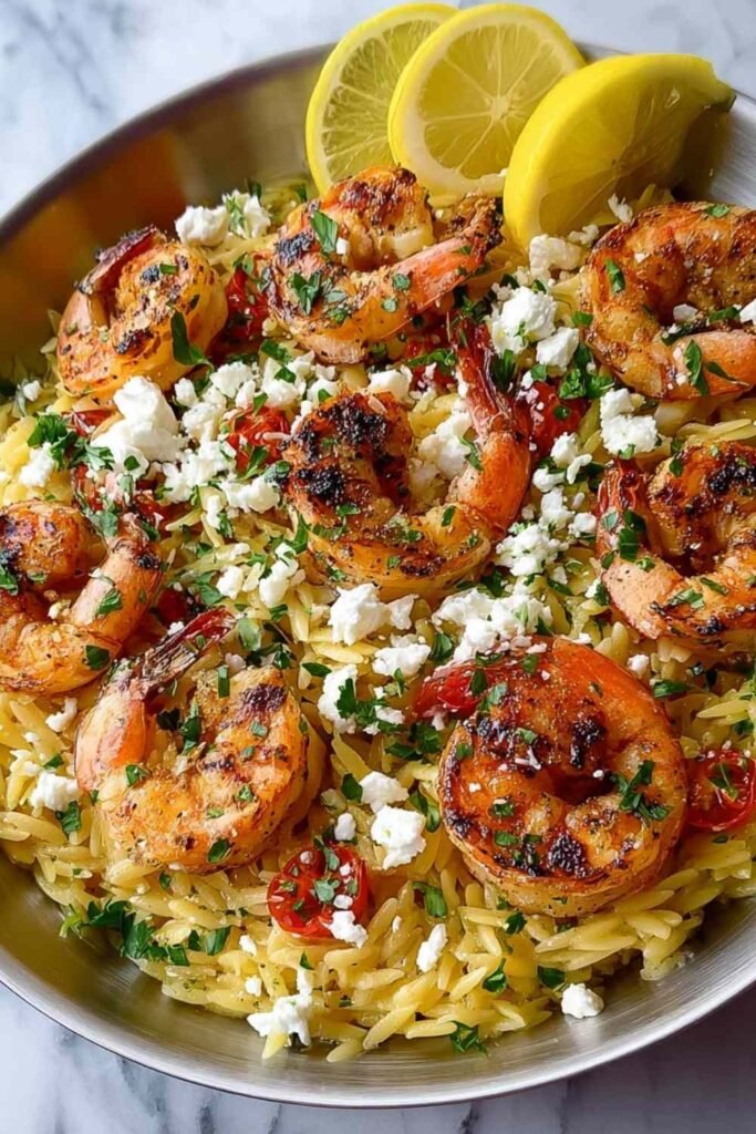 Close-up of Lemon Feta Orzo with Shrimp in a white bowl garnished with fresh parsley and a lemon wedge