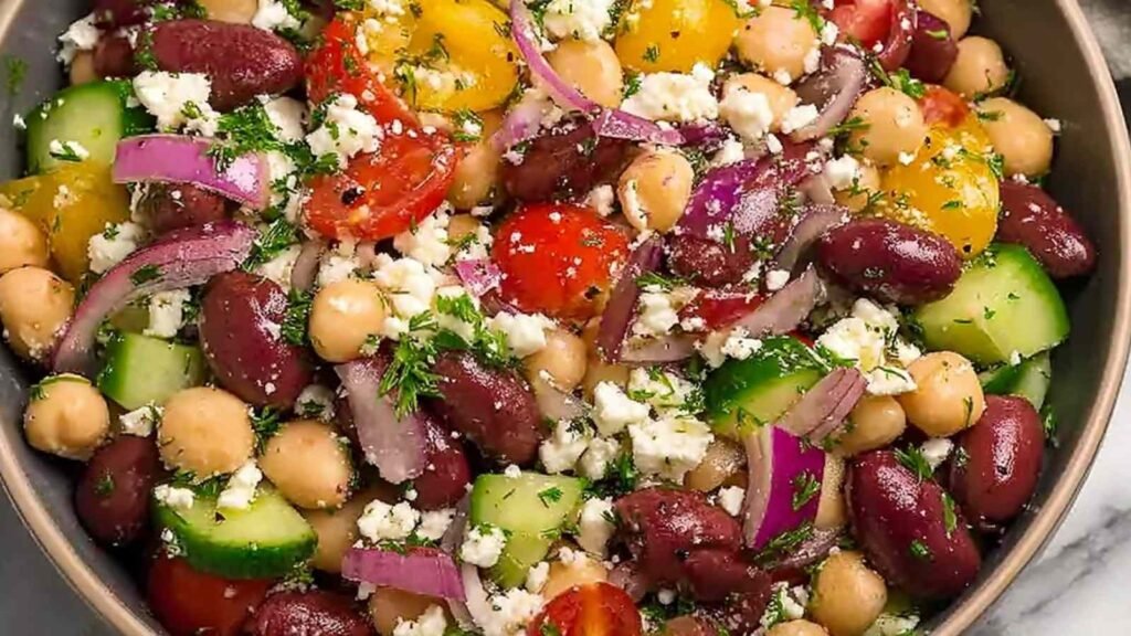 Zesty Mediterranean Bean Salad with Feta 4 A large white bowl of Mediterranean Bean Salad with Feta, chickpeas, cherry tomatoes, cucumbers, Kalamata olives, and fresh parsley