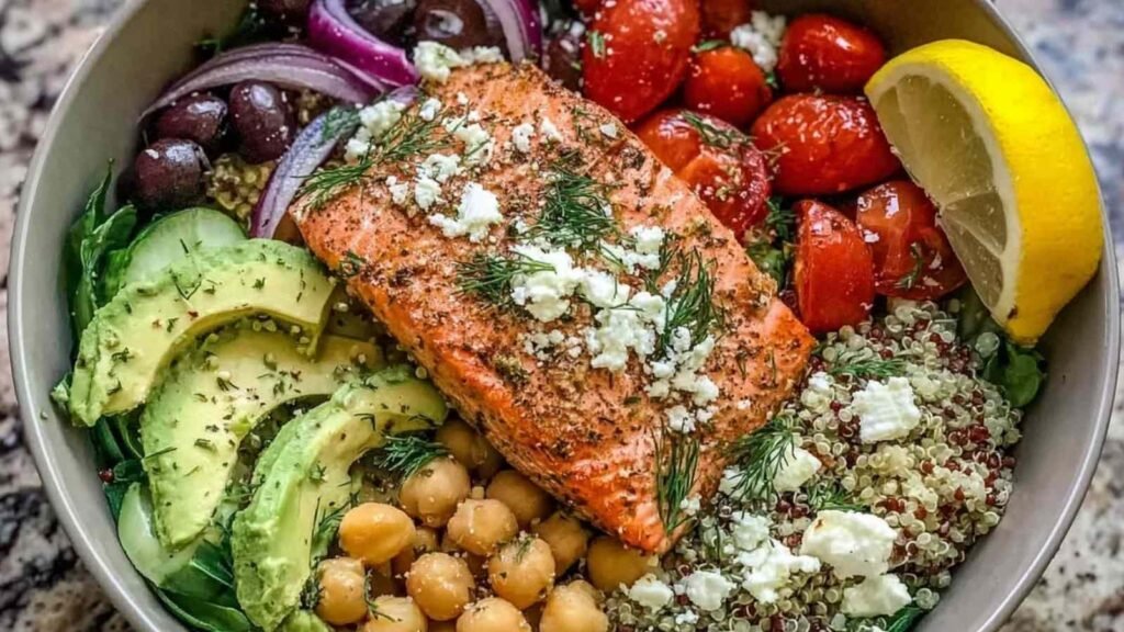 Mediterranean Salmon Bowl 7 Overhead view of a Mediterranean Salmon Bowl with flaky baked salmon, quinoa, cherry tomatoes, cucumber, olives, and feta drizzled with lemon herb dressing