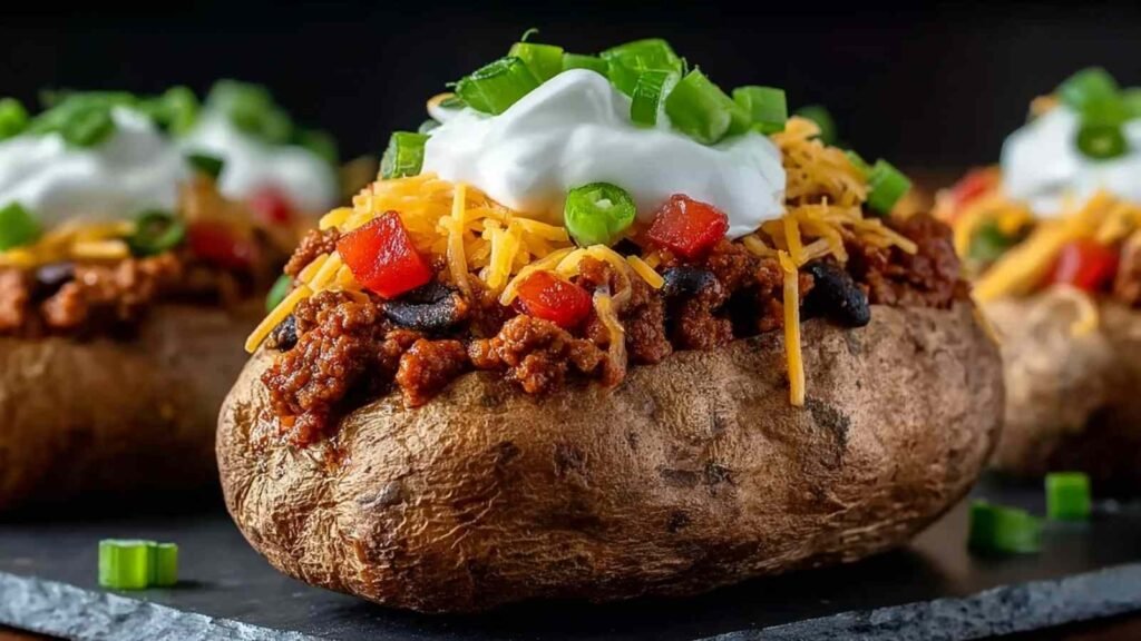 Taco Loaded Baked Potato topped with seasoned ground beef, melted cheddar cheese, sour cream, and green onions on a white plate