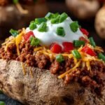 Taco Loaded Baked Potato topped with seasoned ground beef, melted cheddar cheese, sour cream, and green onions on a white plate