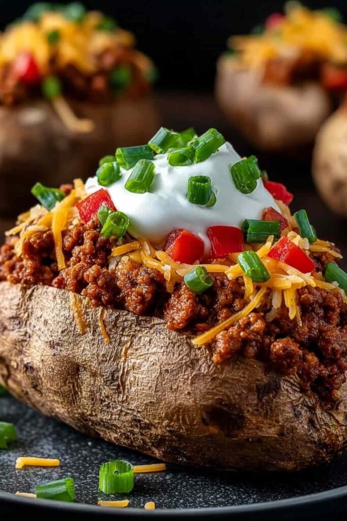 Taco Loaded Baked Potato topped with seasoned ground beef, melted cheddar cheese, sour cream, and green onions on a white plate