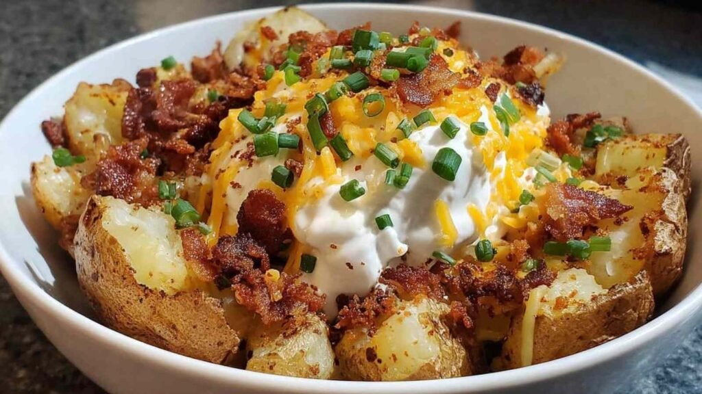 Overhead view of an air fryer loaded baked potato bowl topped with melted cheddar cheese, bacon bits, sour cream, and green onions