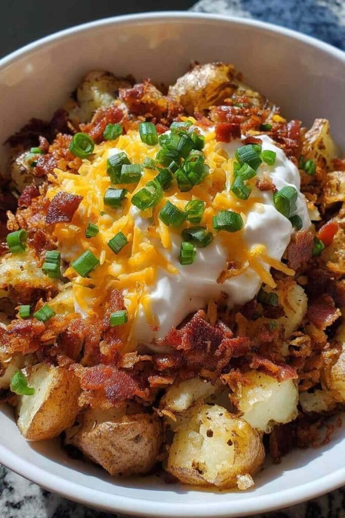 Overhead view of an air fryer loaded baked potato bowl topped with melted cheddar cheese, bacon bits, sour cream, and green onions