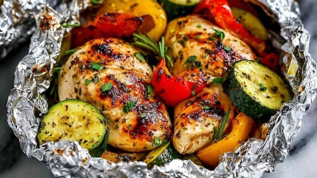 Open foil packet of BBQ chicken and veggie grill packs with colorful bell peppers, zucchini, and cherry tomatoes on the grill