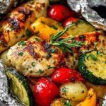 Open foil packet of BBQ chicken and veggie grill packs with colorful bell peppers, zucchini, and cherry tomatoes on the grill