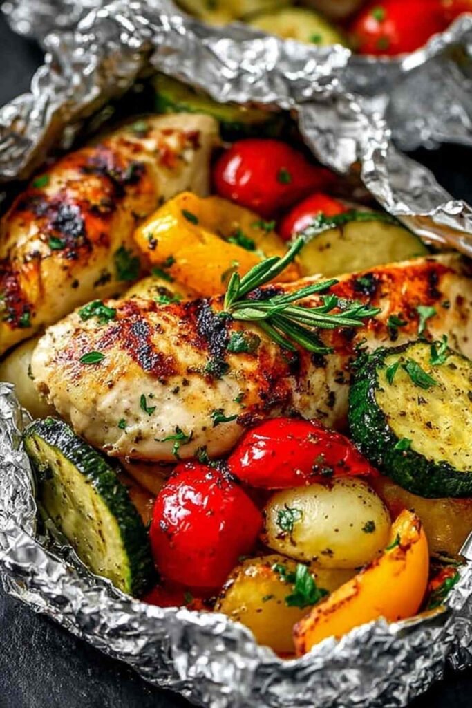 Open foil packet of BBQ chicken and veggie grill packs with colorful bell peppers, zucchini, and cherry tomatoes on the grill