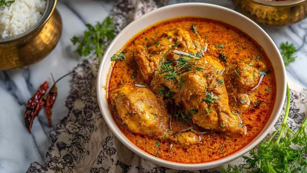Badami Chicken Curry recipe served in a white bowl with a rich almond gravy garnished with cream and fenugreek leaves