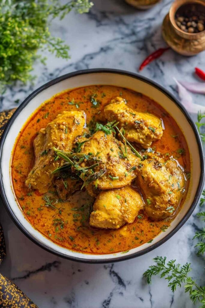 Badami Chicken Curry recipe served in a white bowl with a rich almond gravy garnished with cream and fenugreek leaves