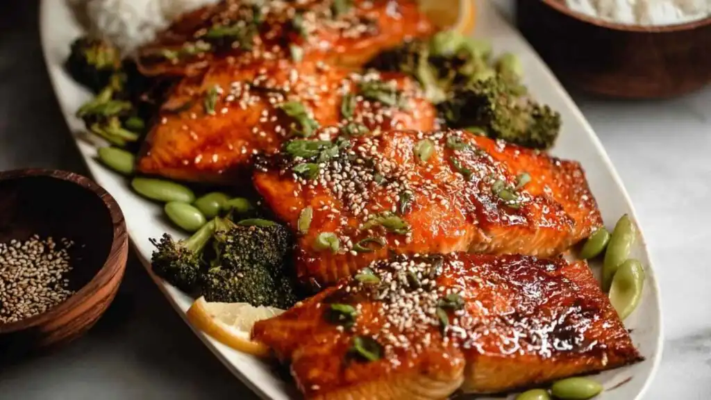 Baked miso salmon fillet with caramelized miso glaze on a sheet pan with roasted broccoli, edamame, and carrots