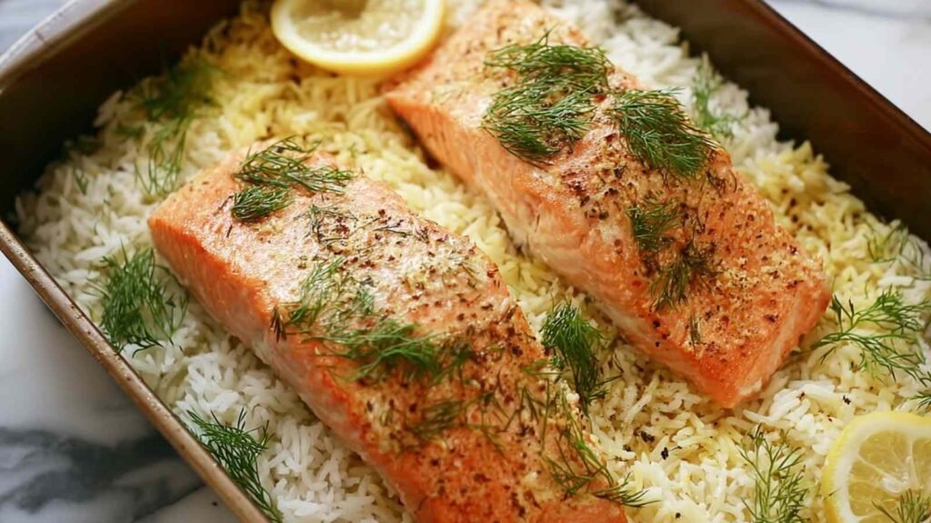 Baked Salmon and Dill Rice 16 Baked salmon and dill rice served in a large pan with fresh dill garnish and lemon wedges