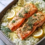 Baked Salmon and Dill Rice 18 Baked salmon and dill rice served in a large pan with fresh dill garnish and lemon wedges