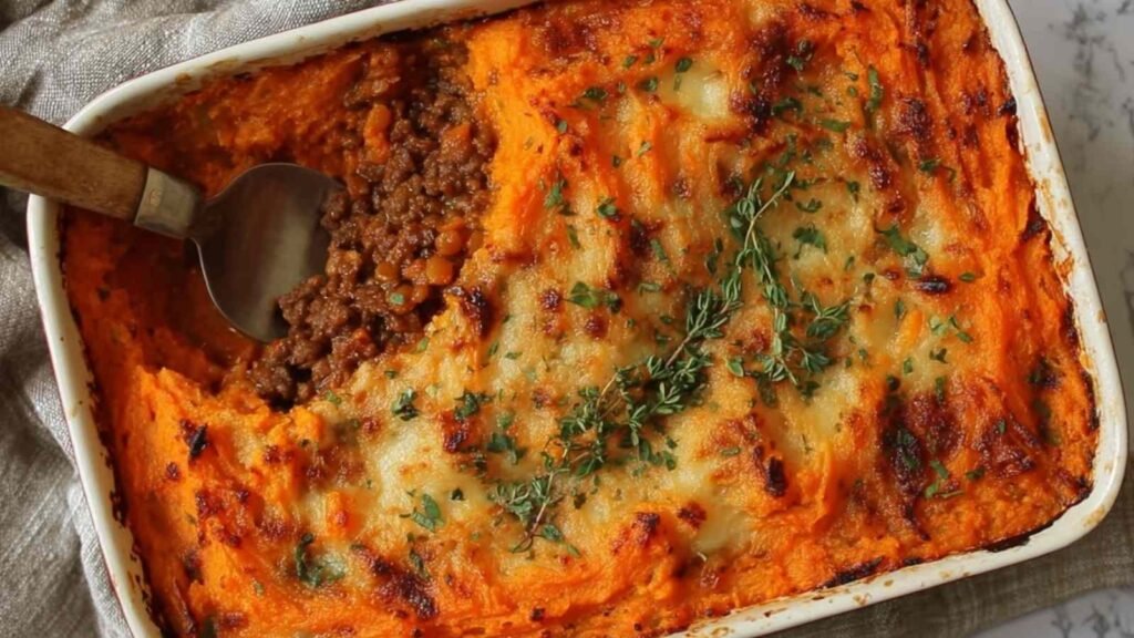 The Best Beef and Lentil Cottage Pie 19 Beef and lentil cottage pie fresh from the oven with golden kumara mash topping in a large baking dish
