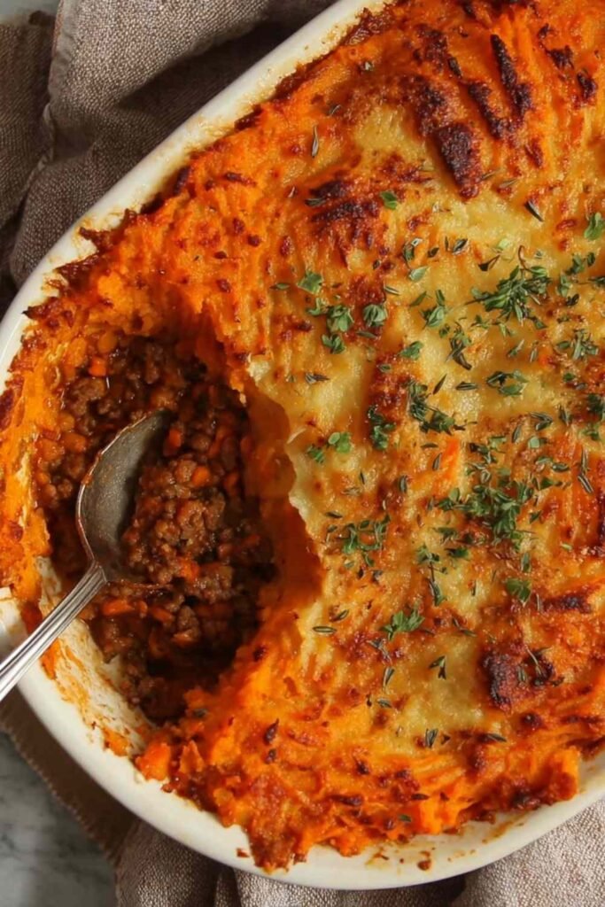 The Best Beef and Lentil Cottage Pie 20 Beef and lentil cottage pie fresh from the oven with golden kumara mash topping in a large baking dish