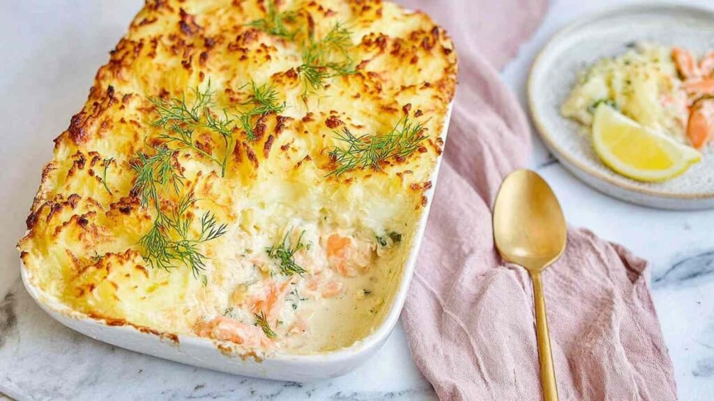 Best Ever Fish Pie 25 Golden best ever fish pie with cheesy mashed potato topping fresh out of the oven in a white ceramic baking dish