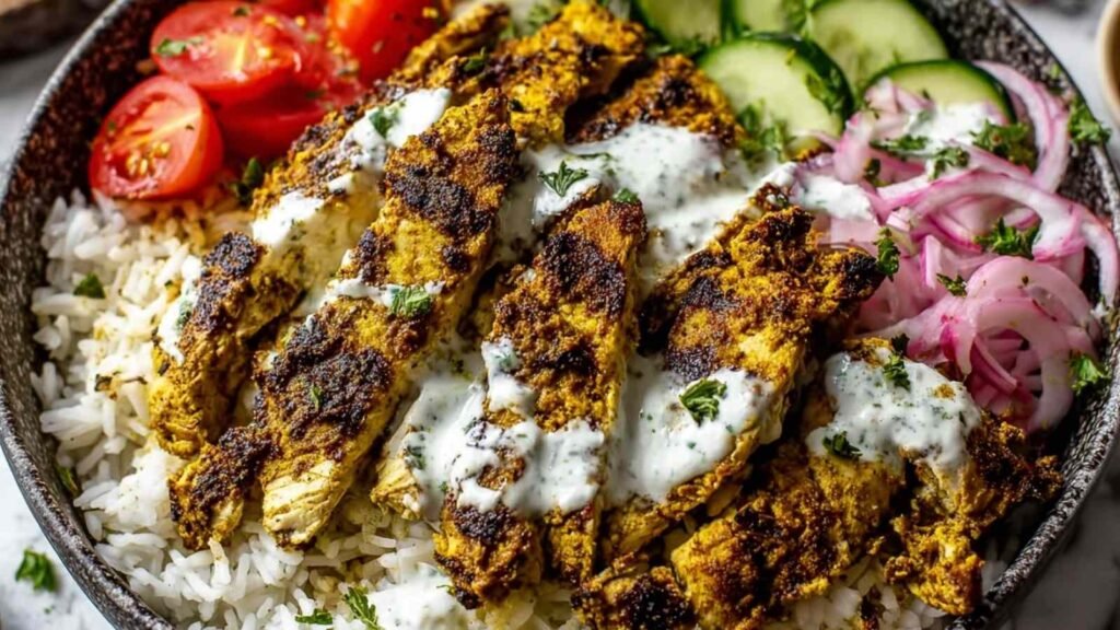 Chicken Shawarma Bowl 16 Chicken Shawarma Bowl with shawarma-seasoned chicken served over fluffy white rice in a white bowl