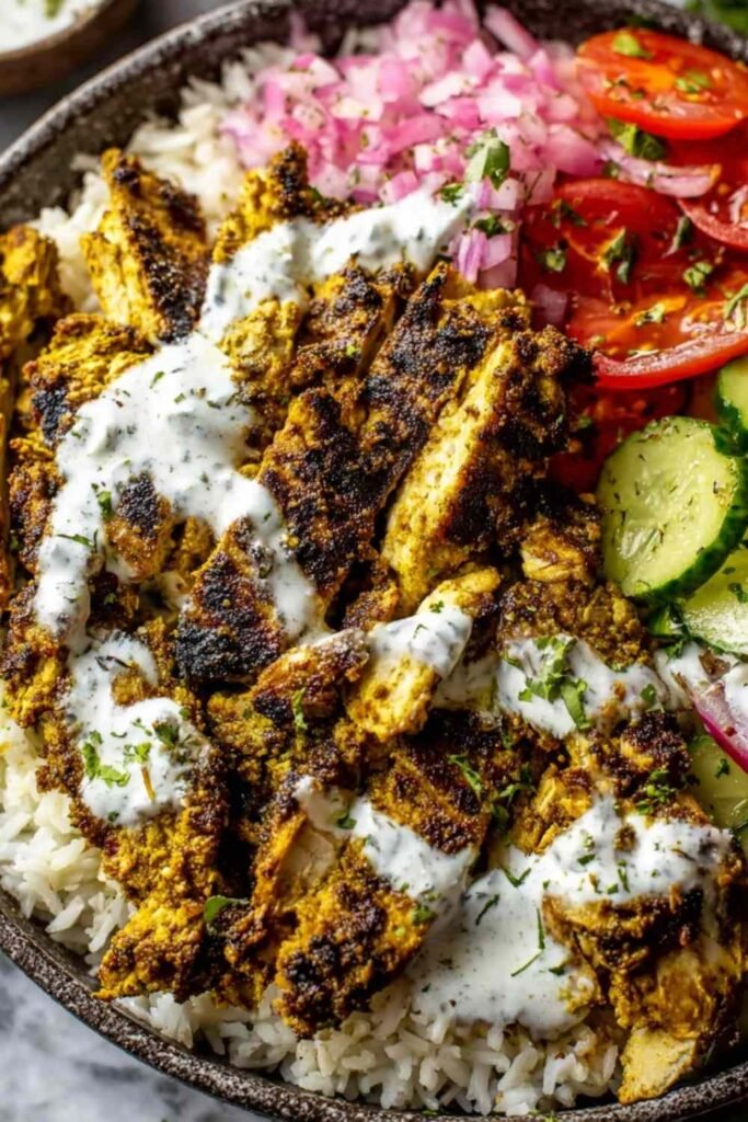 Chicken Shawarma Bowl 17 Chicken Shawarma Bowl with shawarma-seasoned chicken served over fluffy white rice in a white bowl