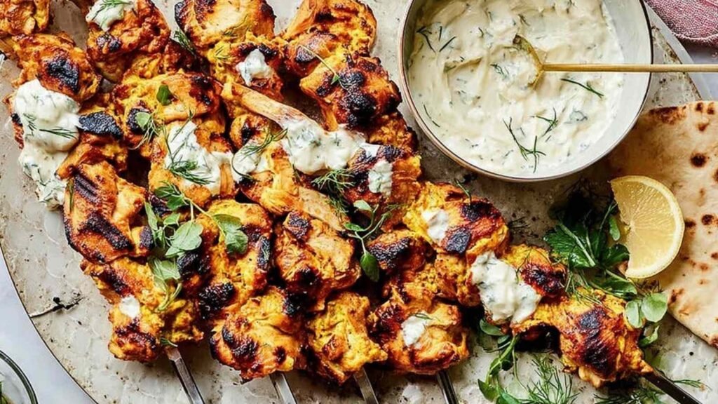 Chicken Shawarma Kebab 22 Chicken shawarma kebab skewers grilling on a cast iron pan with golden char marks and aromatic spice coating