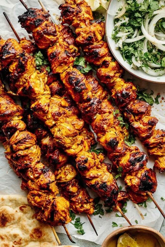 Chicken Shawarma Kebab 23 Chicken shawarma kebab skewers grilling on a cast iron pan with golden char marks and aromatic spice coating