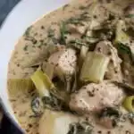 Chicken and Leeks Recipe 12 Creamy chicken and leeks recipe served in a large skillet with mustard broth and fresh tarragon