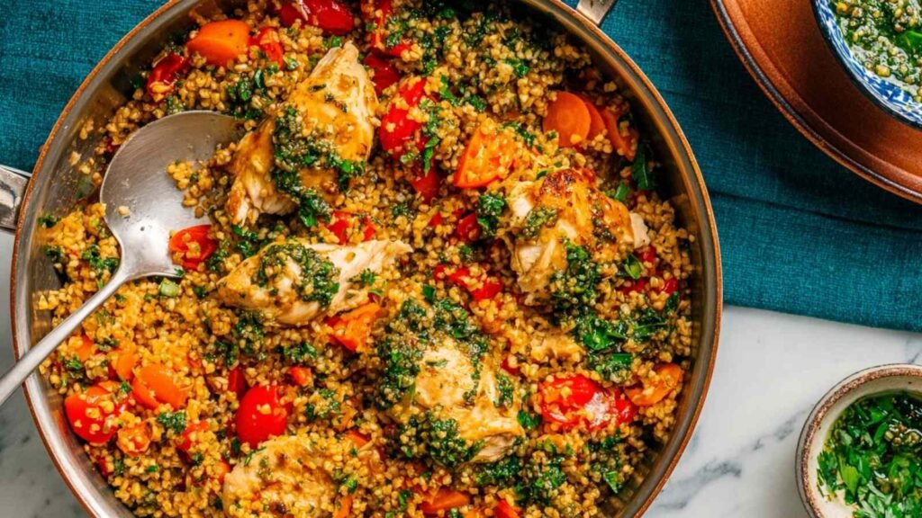 Chicken with Bulgur 4 Chicken with bulgur recipe served in a cast iron skillet topped with feta and fresh parsley
