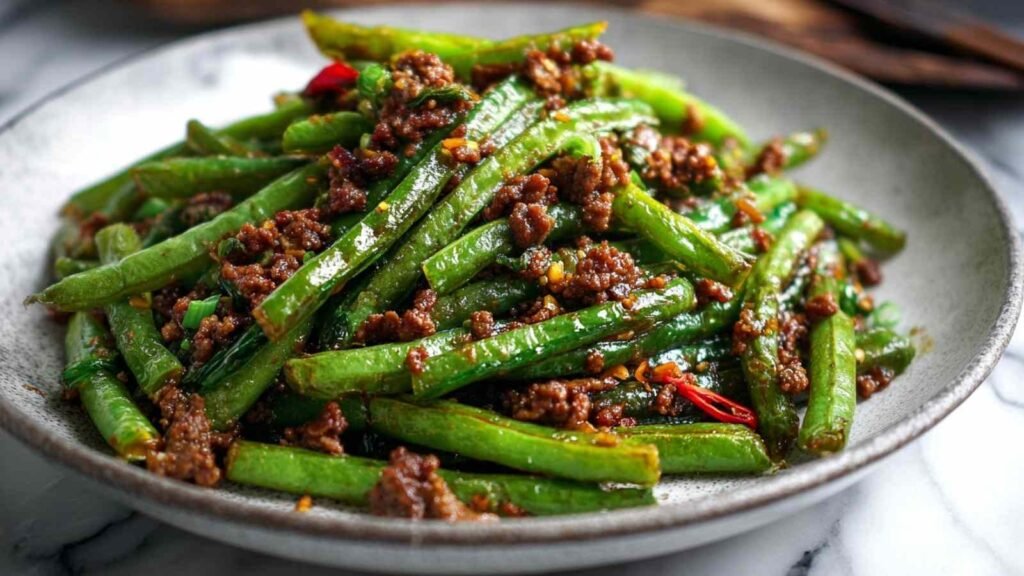 Chinese Green Beans and Ground Beef 10 Chinese green beans and ground beef stir-fry with blistered green beans and caramelized beef in a wok