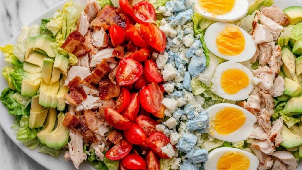 Overhead view of a classic Cobb salad recipe arranged in neat rows on a white platter with shallot vinaigrette on the side