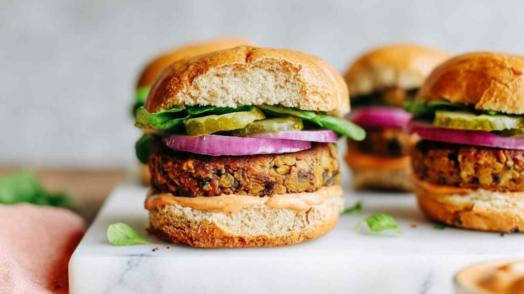 Classic lentil burgers on whole grain buns with avocado, tomato, and red onion on a wooden board