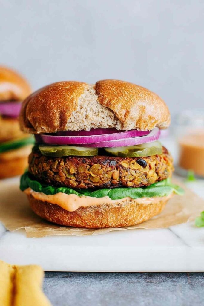 Classic lentil burgers on whole grain buns with avocado, tomato, and red onion on a wooden board