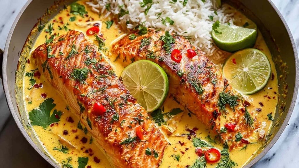 Coconut curry salmon with garlic butter simmering in a creamy golden sauce in a large skillet, garnished with fresh cilantro and lime wedges