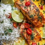 Coconut curry salmon with garlic butter simmering in a creamy golden sauce in a large skillet, garnished with fresh cilantro and lime wedges