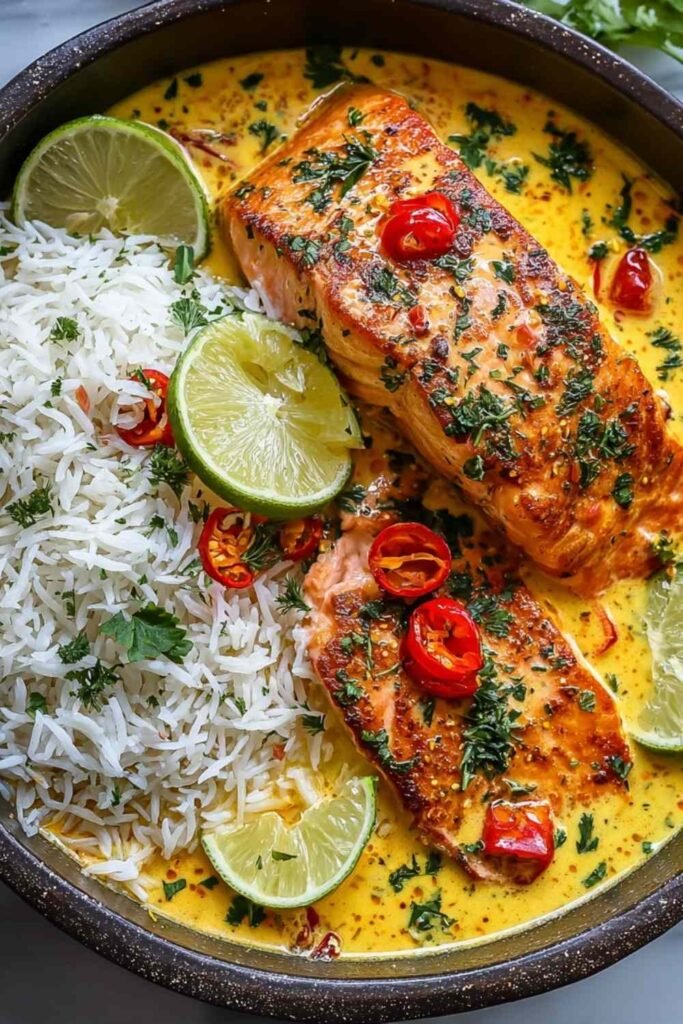 Coconut curry salmon with garlic butter simmering in a creamy golden sauce in a large skillet, garnished with fresh cilantro and lime wedges