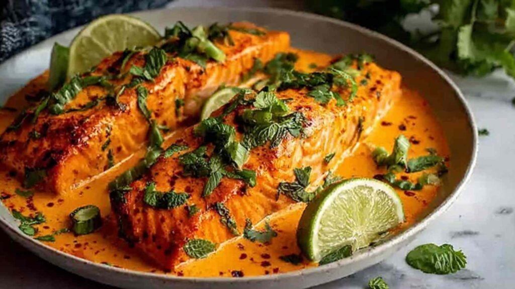 Creamy harissa salmon fillets simmering in coconut harissa sauce in a skillet