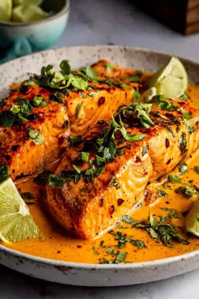 Creamy harissa salmon fillets simmering in coconut harissa sauce in a skillet