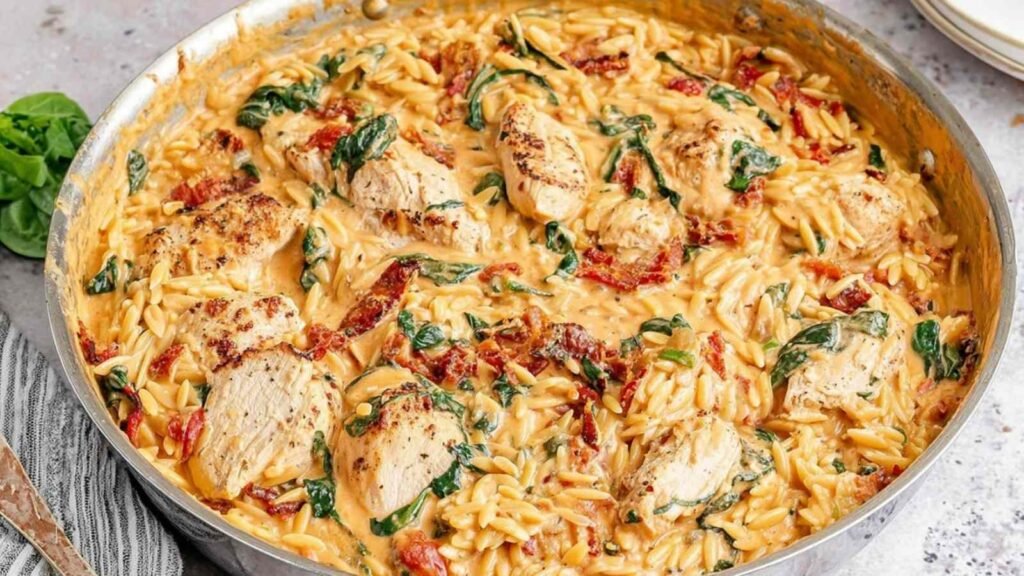 Creamy Tuscan Chicken Orzo 19 Creamy Tuscan chicken orzo in a cast iron skillet with sliced chicken, sun-dried tomatoes, and fresh basil garnish