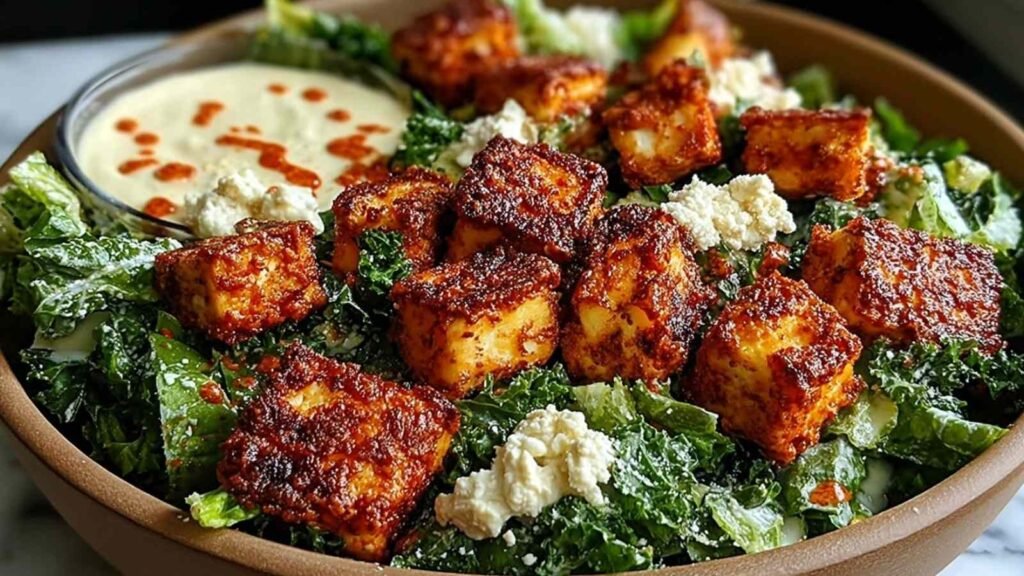 Crispy Buffalo Tofu Caesar Salad in a large bowl with romaine, buffalo tofu, vegan parmesan, and croutons