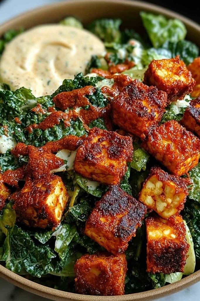 Crispy Buffalo Tofu Caesar Salad in a large bowl with romaine, buffalo tofu, vegan parmesan, and croutons