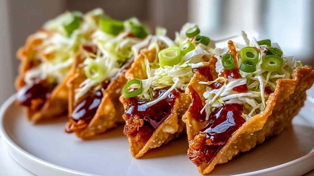 Crispy chicken wonton tacos with teriyaki glaze topped with shredded cabbage, green onions, and sesame seeds on a wooden serving board