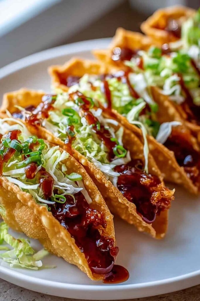 Crispy chicken wonton tacos with teriyaki glaze topped with shredded cabbage, green onions, and sesame seeds on a wooden serving board