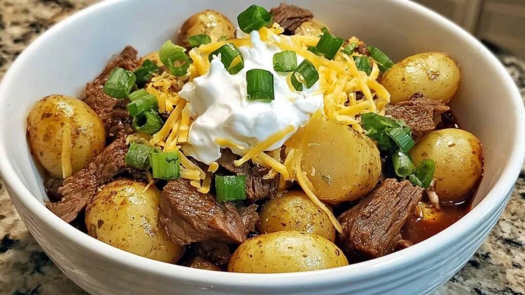 Crockpot Loaded Steak and Potato Bake 28 Crockpot Loaded Steak and Potato Bake with melted sharp cheddar and fresh chives served hot from the slow cooker