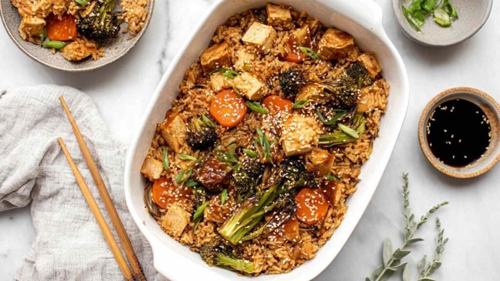 Dump and bake teriyaki tofu rice casserole in a 9x13 baking dish topped with toasted sesame seeds and sliced green onions