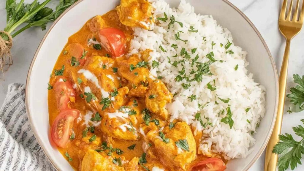 Chicken Curry 13 Homemade chicken curry simmering in a skillet with creamy coconut milk sauce and fresh cilantro garnish
