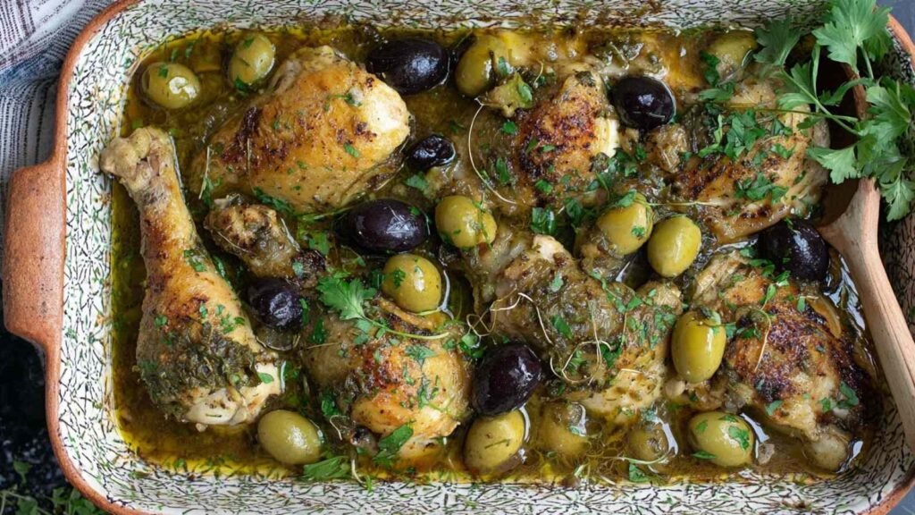 High Protein Chicken Marbella 19 High protein Chicken Marbella recipe served on a white platter with prunes, olives, capers, and fresh parsley garnish