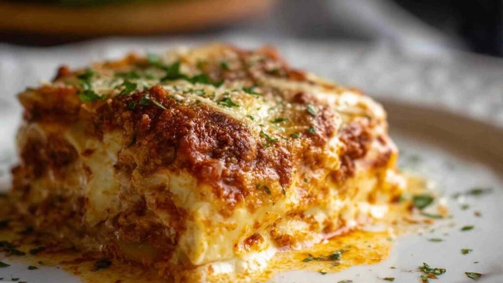 Easy Lasagna Recipe 13 Slice of easy lasagna recipe with golden cheese, rich meat sauce, and creamy ricotta layers on a white plate